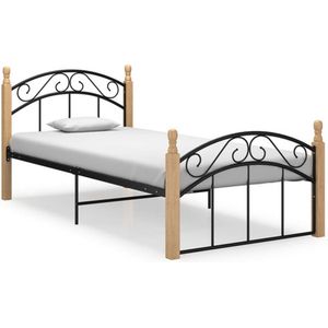 vidaXL - Bedframe - metaal - en - massief - eikenhout - zwart - 100x200 - cm