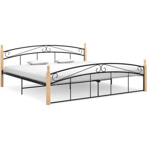 vidaXL - Bedframe - metaal - en - massief - eikenhout - zwart - 200x200 - cm