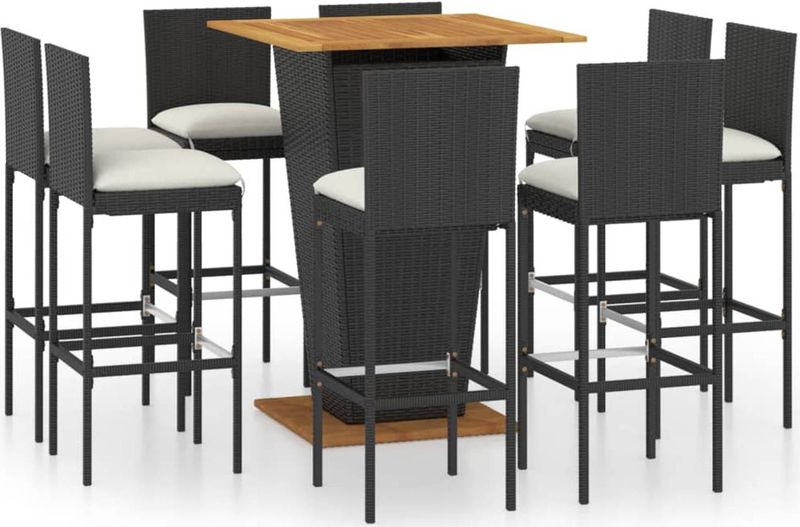 9-tlg. Gartenbar-Set mit Kissen Poly Rattan Schwarz vidaXL