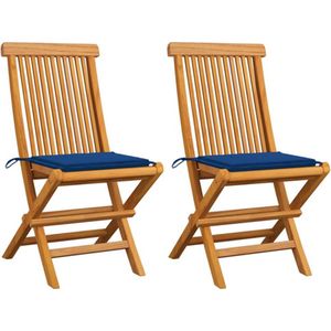 vidaXL - Tuinstoelen - 2 - st - met - koningsblauwe - kussens - massief - teakhout