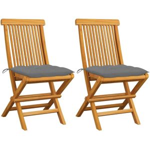 vidaXL Gartenstühle mit Grauen Kissen 2 Stk. Massivholz Teak