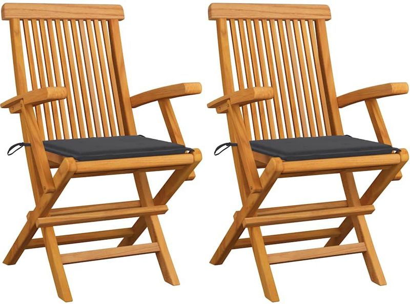 vidaXL - Tuinstoelen - 2 - st - met - antracietkleurige - kussens - massief - teakhout