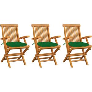 vidaXL Gartenstühle mit Grünen Kissen 3 Stk. Massivholz Teak