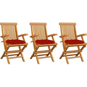 vidaXL Gartenstühle mit Roten Kissen 3 Stk. Massivholz Teak
