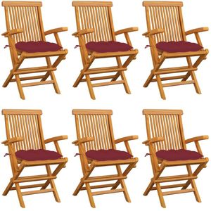 vidaXL Tuinstoelen 6 st met wijnrode kussens massief teakhout