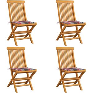 VidaXL Tuinstoelen 4 st. met Rood Geruite Kussens - Massief Teakhout