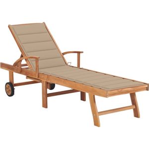 vidaXL - Ligbed - met - beige - kussen - massief - teakhout