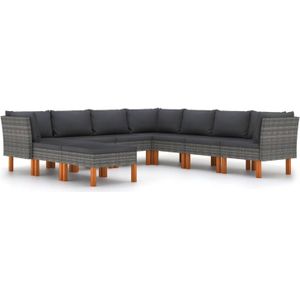 vidaXL 9-delige Loungeset met kussens poly rattan grijs