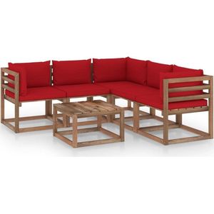 vidaXL-6-delige-Loungeset-met-rode-kussens-geïmpregneerd-hout