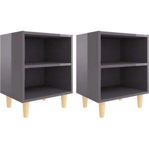 vidaXL-Nachtkastjes-2-st-met-houten-poten-40x30x50-cm-hoogglans-grijs