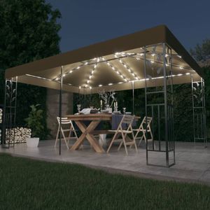 vidaXL - Prieel - met - dubbel - dak - en - LED-lichtslinger - 3x4 - m - taupe