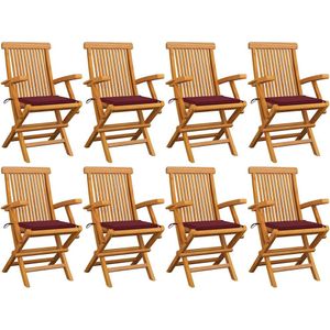 vidaXL - Tuinstoelen - 8 - st - met - wijnrode - kussens - massief - teakhout