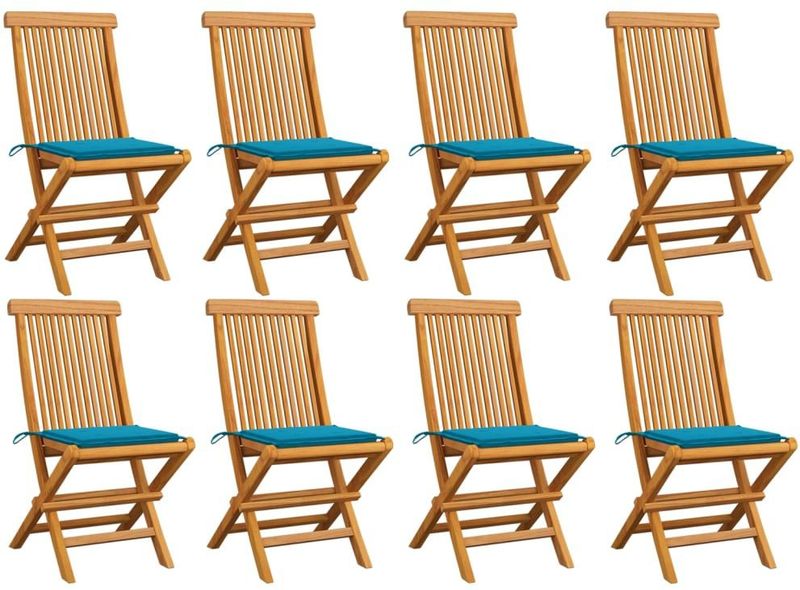 vidaXL Gartenstühle mit Blauen Kissen 8 Stk. Massivholz Teak