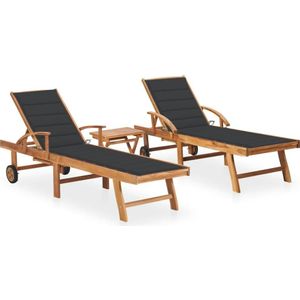 vidaXL Sonnenliegen 2 Stk. mit Tisch und Auflagen Massivholz Teak