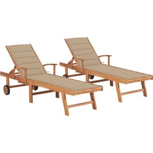 vidaXL Ligbedden 2 st met beige kussens massief teakhout
