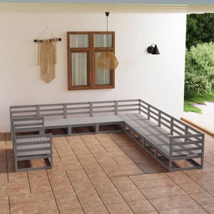 vidaXL Loungeset - Massief Grenenhout - Grijs - 11-delig