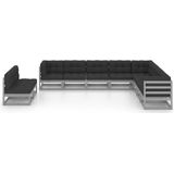 vidaXL 10-delige Loungeset met kussens massief grenenhout grijs