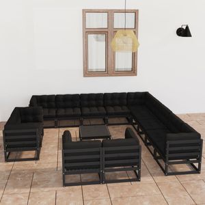 vidaXL - 14-delige - Loungeset - met - kussens - massief - grenenhout - zwart