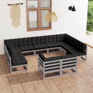 vidaXL 11-tlg. Garten-Lounge-Set mit Kissen Grau Kiefer Massivholz