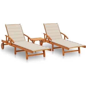 vidaXL Sonnenliegen 2 Stk. mit Tisch und Auflagen Massivholz Akazie