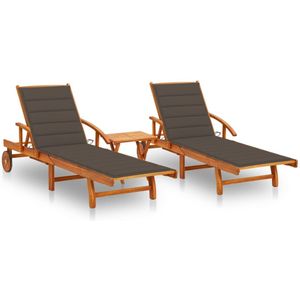 VidaXL Ligstoelen 2 st met Tafel en Kussens - Massief Acaciahout