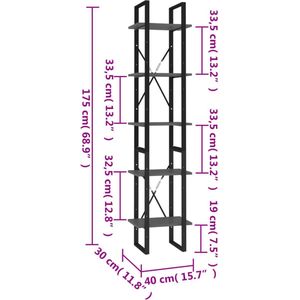 vidaXL-Boekenkast-met-5-schappen-40x30x175-cm-bewerkt-hout-grijs