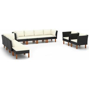 Loungeset Poly Rattan En Eucalyptushout /  Zwart / 3x hoek + 4x midden + 2x armstoel + voetenbank