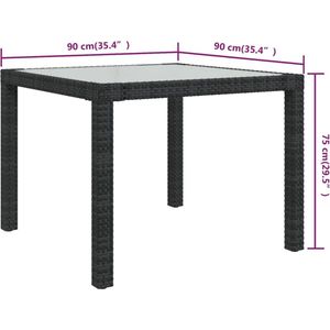 VidaXL Tuintafel 90x90x75 cm - Gehard Glas en Poly Rattan Zwart