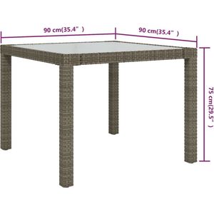 vidaXL Tuintafel 90x90x75 cm gehard glas en poly rattan grijs - Kunststof 316700