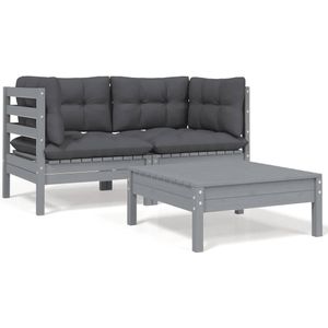 3-tlg. Garten-Lounge-Set mit Kissen Grau Kiefer Massivholz Vidaxl