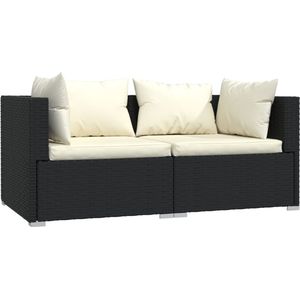 Tweezitsbank met creme kussens poly rattan zwart