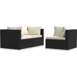 3-delige Loungeset met kussens poly rattan zwart