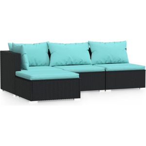 4-delige Loungeset met turquoise kussens poly rattan zwart