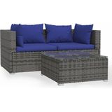 vidaXL 3-delige Loungeset met kussens poly rattan grijs