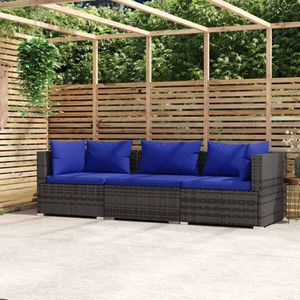 vidaXL - Tuinbank - 3-zits - Grijs - Poly Rattan - Met Kussens