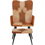 VidaXL Fauteuil met Voetensteun Echt Leer en Canvas Bruin