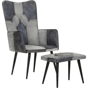 vidaXL Sessel mit Hocker Grau Echtleder und Canvas
