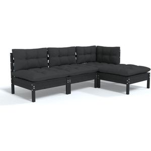 VidaXL 4-Delige Loungeset met Kussens Grenenhout Zwart