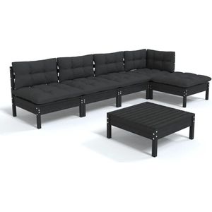 VidaXL 6-delige Loungeset met Kussens Grenenhout Zwart