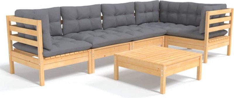 vidaXL - 6-delige - Loungeset - met - grijze - kussens - grenenhout