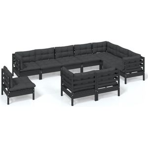 vidaXL 10-delige Loungeset met kussens massief grenenhout zwart