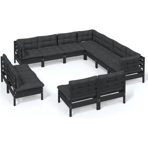 11-tlg. Garten-Lounge-Set mit Kissen Schwarz Massivholz Kiefer vidaXL