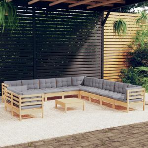 VidaXL Loungeset 12-delig met Grijze Kussens - Massief Grenenhout