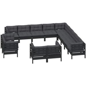 vidaXL 13-tlg. Garten-Lounge-Set mit Kissen Schwarz Massivholz Kiefer