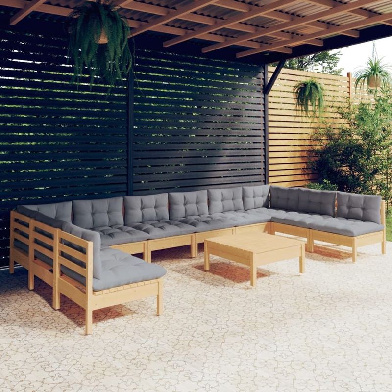 vidaXL - 11-delige - Loungeset - met - grijze - kussens - massief - grenenhout