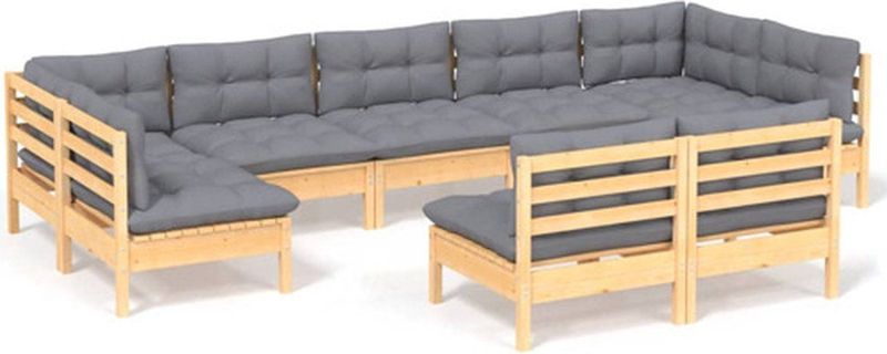 Vidaxl - 9-tlg. Garten-Lounge-Set mit Grauen Kissen Kiefer Massivholz