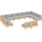 vidaXL - 12-delige - Loungeset - met - grijze - kussens - massief - grenenhout