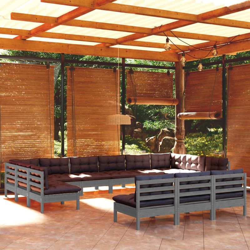 13-tlg. Garten-Lounge-Set mit Kissen Grau Kiefer Massivholz vidaXL