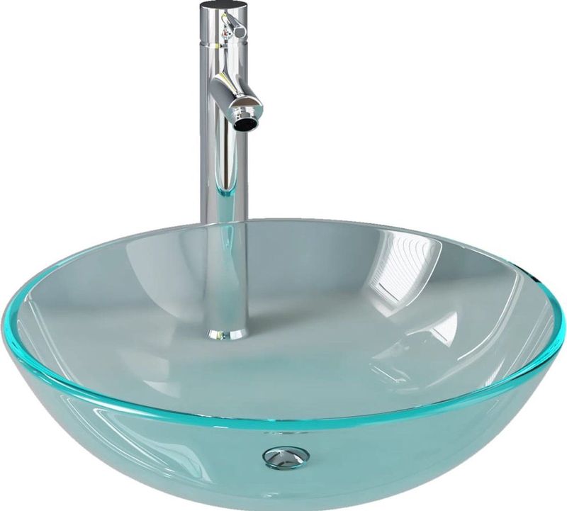 vidaXL - Wastafel - met - kraan - en - pop-up - afvoer - gehard - glas - transparant