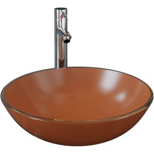 vidaXL - Wastafel - met - kraan - en - pop-up - afvoer - gehard - glas - bruin